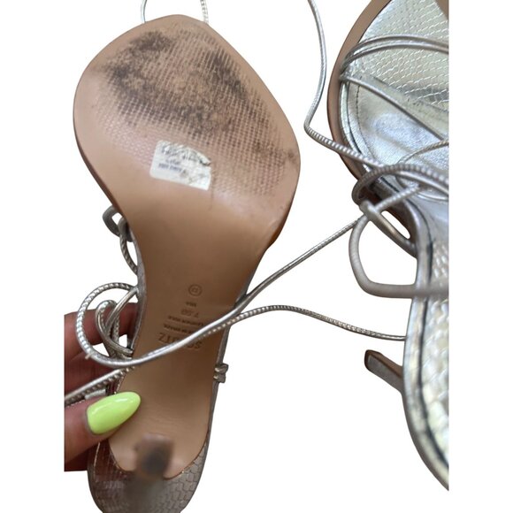 SCHUTZ Silver Leather Laceup Sandals Heels Size 7.5 - Picture 4 of 7